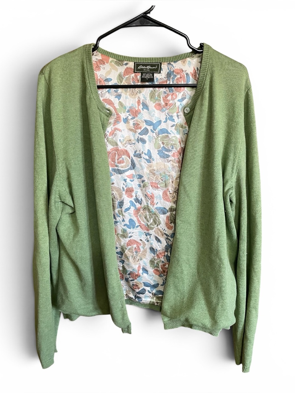 Eddie Bauer Green Women's Cardigan Sweater with Floral Lining L